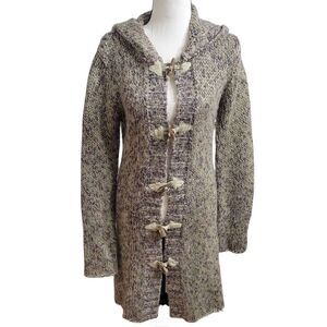 Kenji Hooded Duster Cardigan Acrylic Wool Blend Horn Buttons Sz L Multicolor